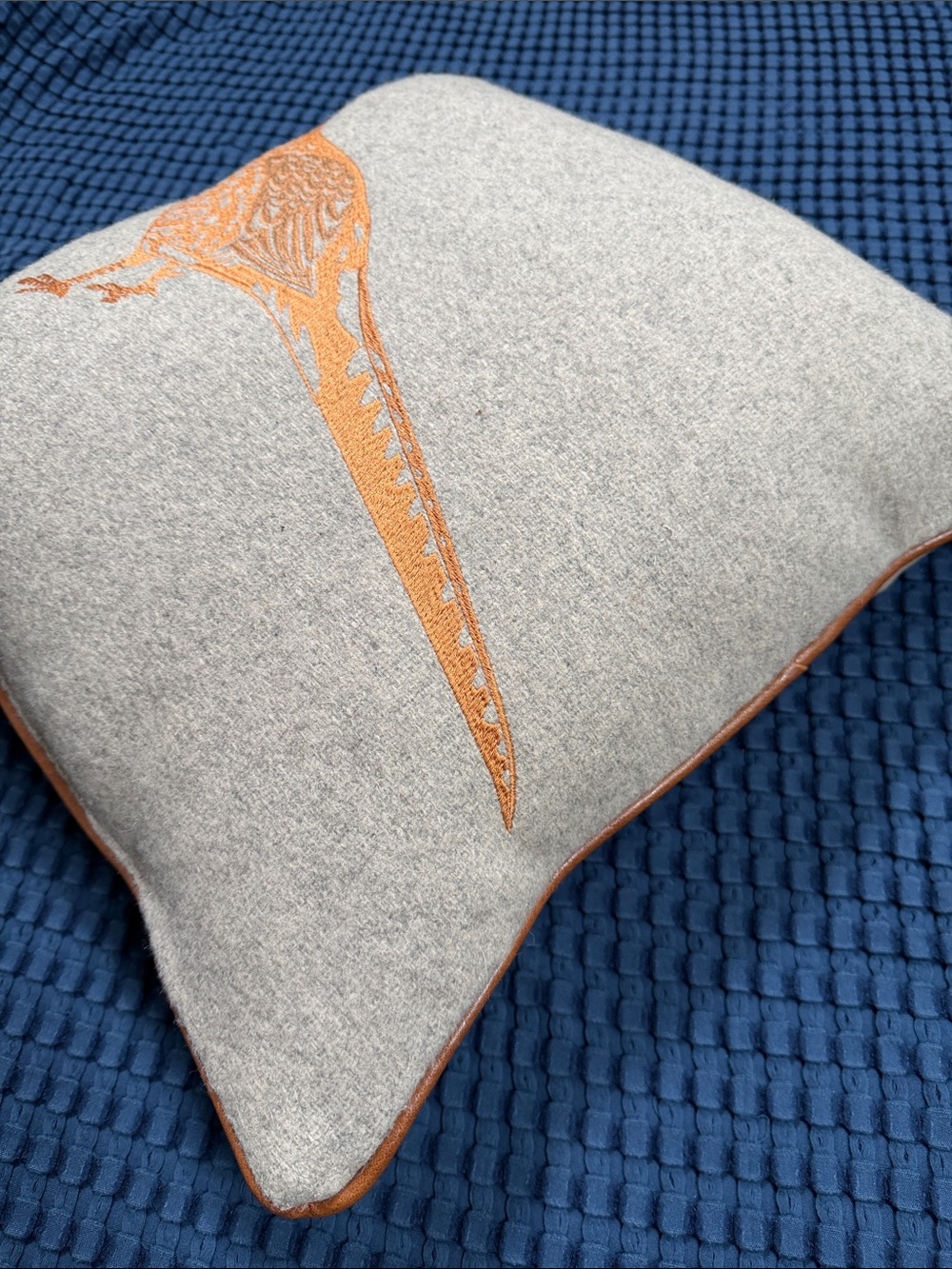 Cottagecore Pheasant Embroidered Cabincore Pillow Decor Gray Brown - Picture 6 of 13